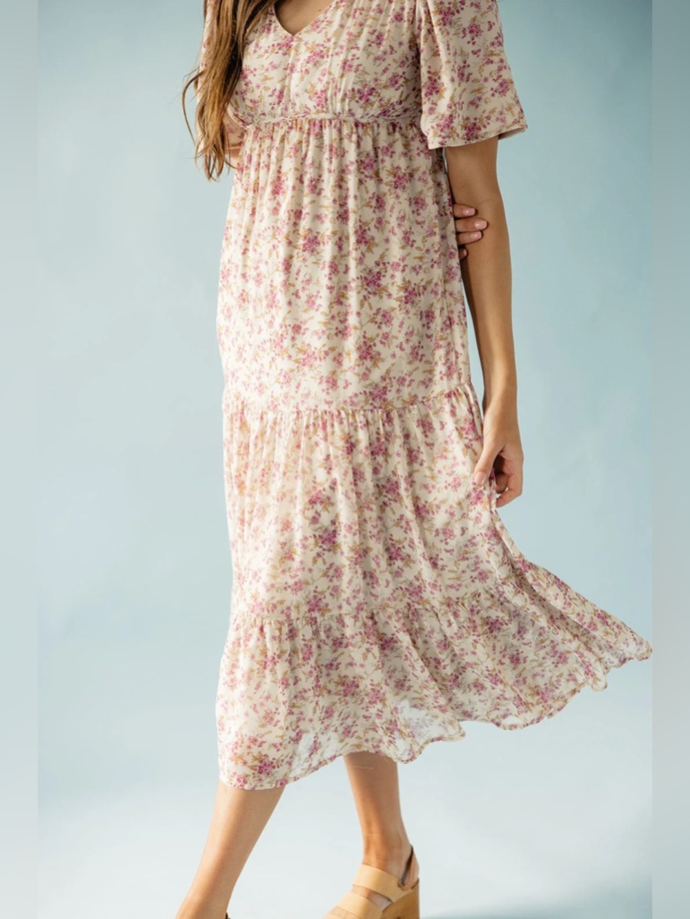 EUC Roolee Cream Midi Flutter Sleeve Tiered Dress with Pink Floral Print - Picture 2 of 14